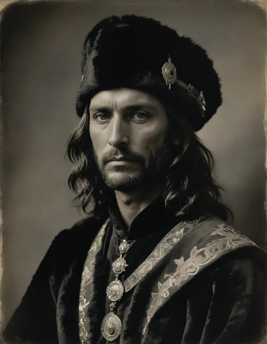 by Moebius, by Théodore Géricault, ((((Rough monochrome, daguerreotype on old paper)))), the composition is: (((Aragorn, sullen, facing viewer. He is wearing a fur hat. He is wearing a black Mughal caftan with Praetorian elements, sashes, medals, diamond shape pendants))).