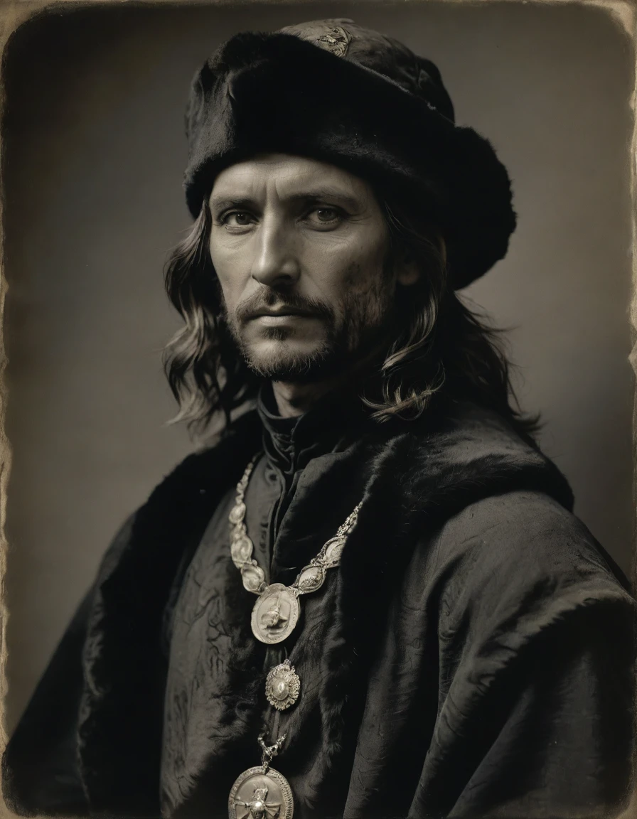 by Moebius, by Théodore Géricault, ((((Rough monochrome, daguerreotype on old paper)))), the composition is: (((Aragorn, sullen, facing viewer. He is wearing a fur hat. He is wearing a black Mughal caftan with Praetorian elements, sashes, medals, diamond shape pendants))).