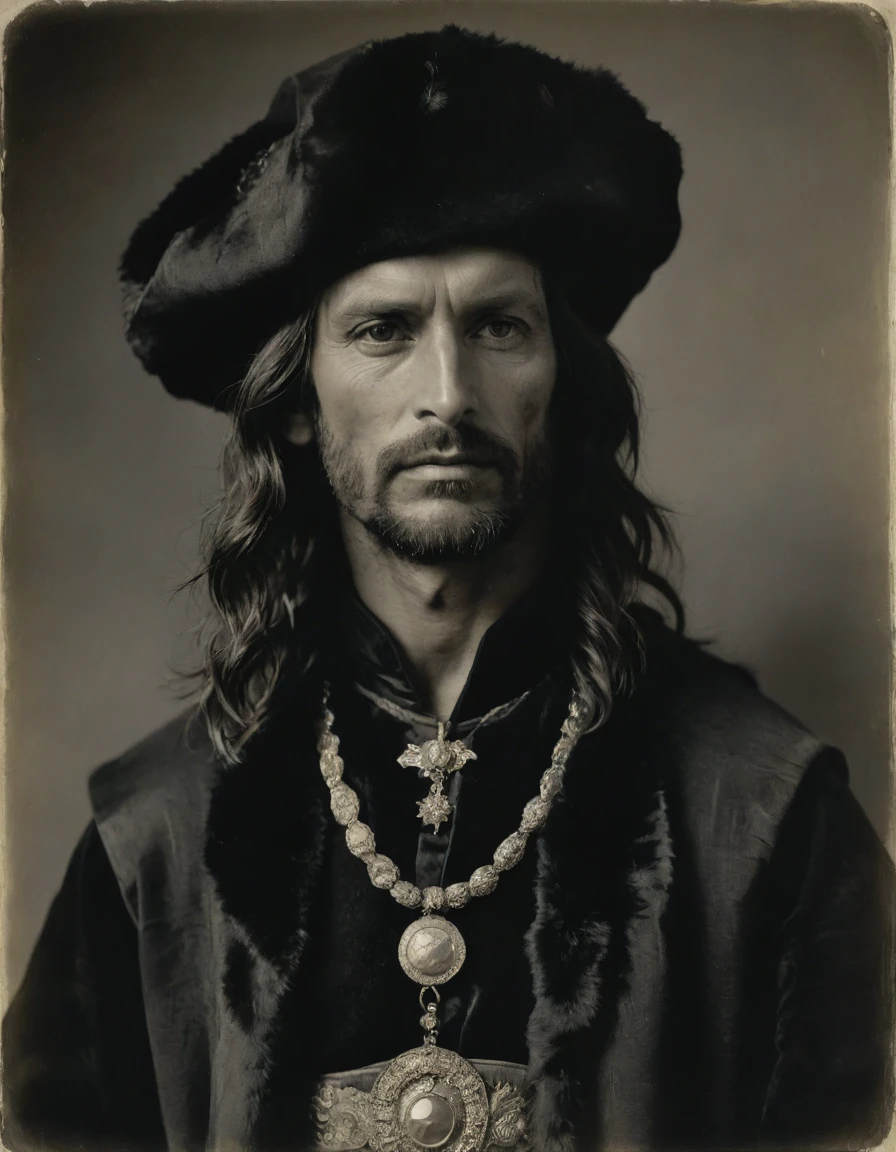 by Moebius, by Théodore Géricault, ((((Rough monochrome, daguerreotype on old paper)))), the composition is: (((Aragorn, sullen, facing viewer. He is wearing a fur hat. He is wearing a black Mughal caftan with Praetorian elements, sashes, medals, diamond shape pendants))).