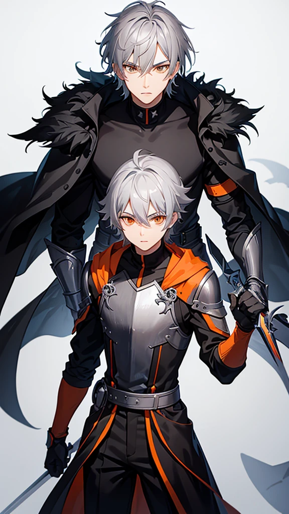 Male character gray hair and orange eyes and black clothes and swords 