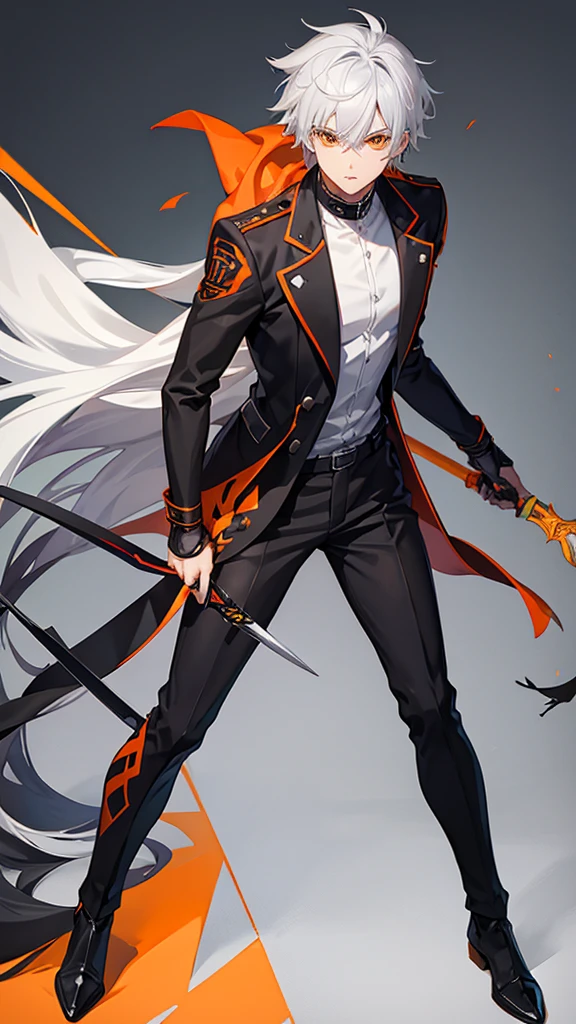 Male character gray hair and orange eyes and black clothes and swords 