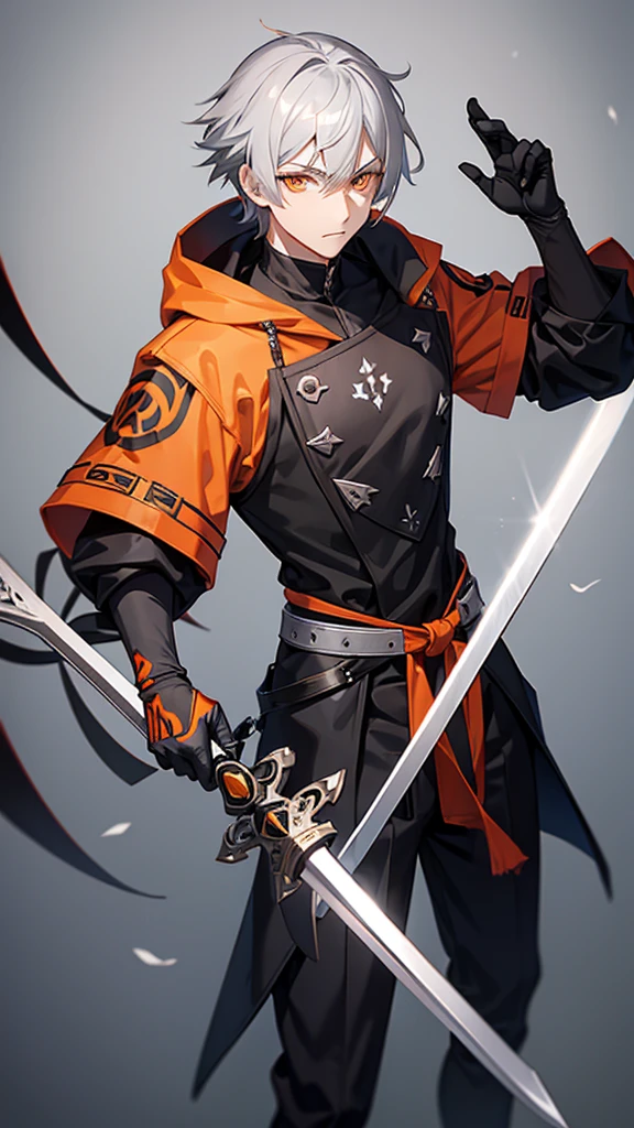 Male character gray hair and orange eyes and black clothes and swords 