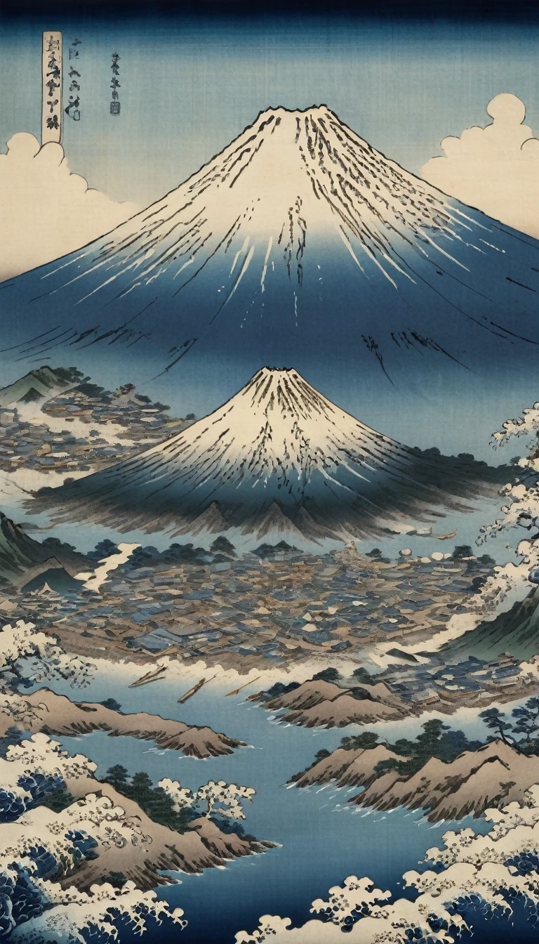 Aerial View of Fujiyama, by Katsushika Hokusai, best quality, masterpiece, 8k, Representative work, official art, Professional, Ultra intricate detailed