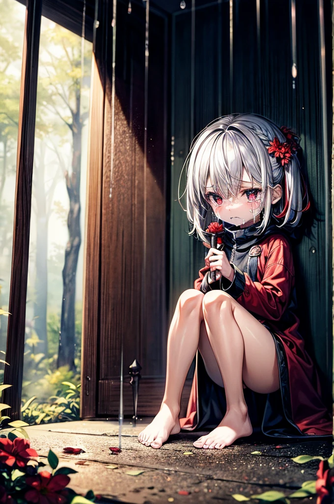 Loli, pale skin, sad face, cry, kneeing pose, very long multicolored hair, knife in hend, mantle, bare feet, dark forest, red flowers, focus on body, rainy weather, blood everywhere 