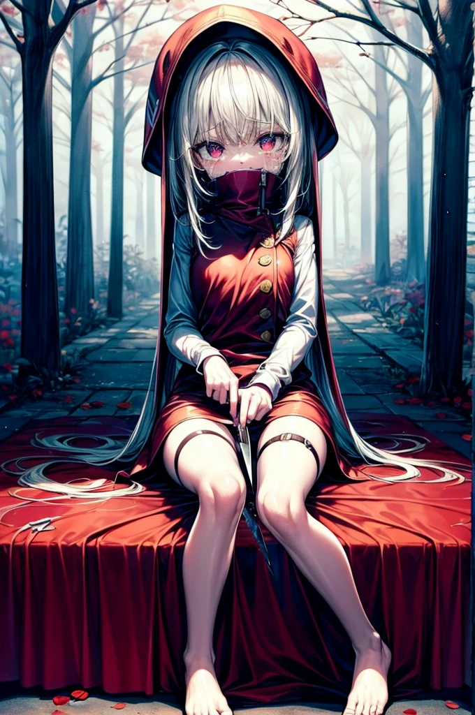 ****, pale skin, sad face, cry, kneeing pose, very long multicolored hair, knife in hend, mantle, bare feet, dark forest, red flowers, focus on body, rainy weather, blood everywhere 