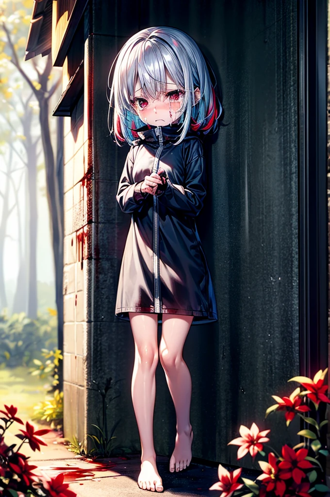 , pale skin, sad face, cry, kneeing pose, very long multicolored hair, knife in hend, mantle, bare feet, dark forest, red flowers, focus on body, rainy weather, blood everywhere