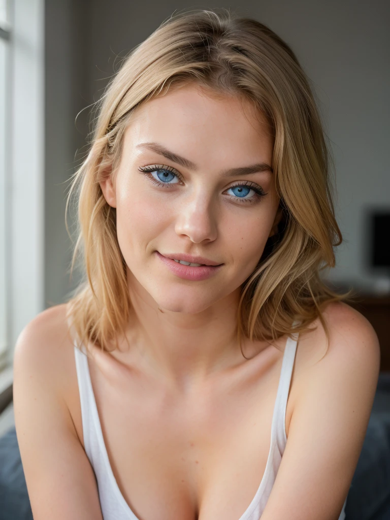 18 years old blonde girl, intense blue eyes, wearing t-shirt,nice cleavage, belly exposed, High resolution, Masterpiece, Best quality, Intricate details, highly detailed, sharp focus, detailed skin, realistic skin texture, texture, detailed eyes, professional, 4K, charming smile, shot on Canon, 85mm, shallow depth of field, Kodak Vision color, perfect fit body, Extremely detailed, photographed_\(ultra\), photorealistic, Realistic, Post-processing, Maximum details, roughness, real life, ultra realist, photorealism, photography, 8K UHD, photography, nude