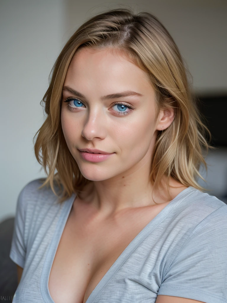 18 years old blonde girl, intense blue eyes, wearing t-shirt,nice cleavage, belly exposed, High resolution, Masterpiece, Best quality, Intricate details, highly detailed, sharp focus, detailed skin, realistic skin texture, texture, detailed eyes, professional, 4K, charming smile, shot on Canon, 85mm, shallow depth of field, Kodak Vision color, perfect fit body, Extremely detailed, photographed_\(ultra\), photorealistic, Realistic, Post-processing, Maximum details, roughness, real life, ultra realist, photorealism, photography, 8K UHD, photography, nude