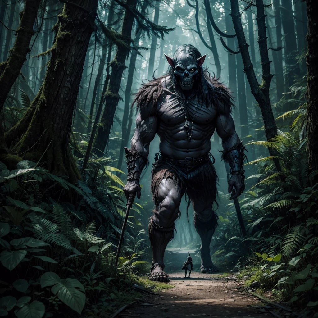 A dark and disturbing troll wanders in a mysterious forest with a club in his hand, along the path there are skeletons tered.