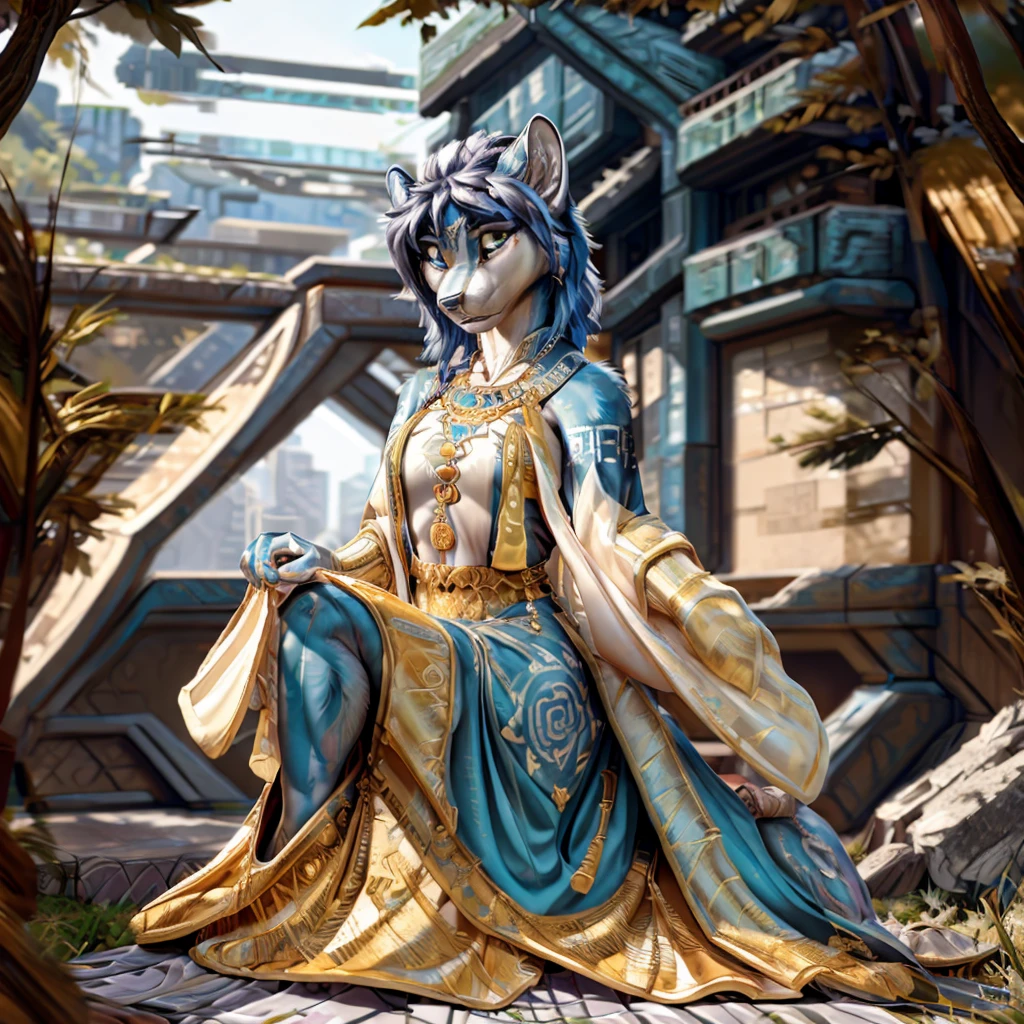 （Krystal), standing, Solo,, Detailed Fur texture, Bedroom, (Cyberpunk), (tribe outfit, ), (shoulders down,Leg Metal sandals,Silver-white body,White belly, dawn, shaded, Dim environment, (drakgem), ((rakisha)), (kontanagamori)), (Upward view), It looks painful, [Simple background], Detailed pupils, Masterpiece artwork, Caustics, rim lit, Singlelightsource, Sharp shadows, solo portrait，finger claws, (digitgrade, toe claws), (Hanfu), by Inessa Garmash, greg rutkovsky, pino daeni, ruanjia