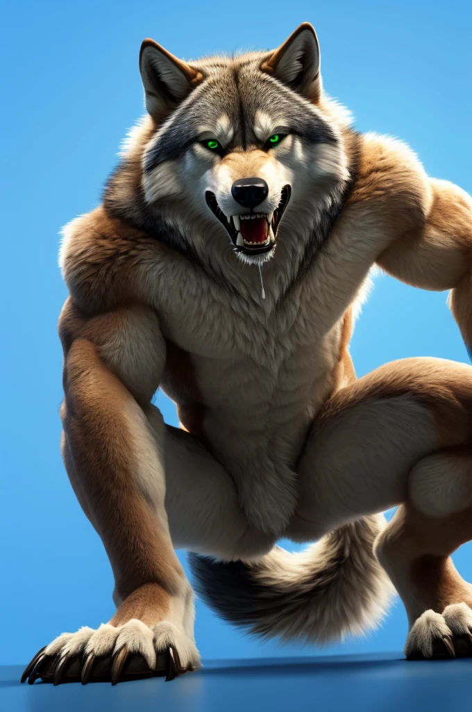 Perspective from below wolf naked male furry legs apart looking down blue background squat pose green eyes serious look claws on knees fluffy tail scars growling salivating