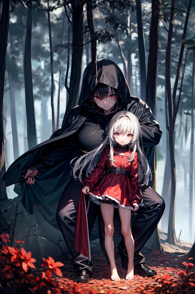 , pale skin, sad face, cry, kneeing pose, very long multicolored hair, knife in hend, mantle, bare feet, dark forest, red flowers, focus on body, rainy weather, blood everywhere