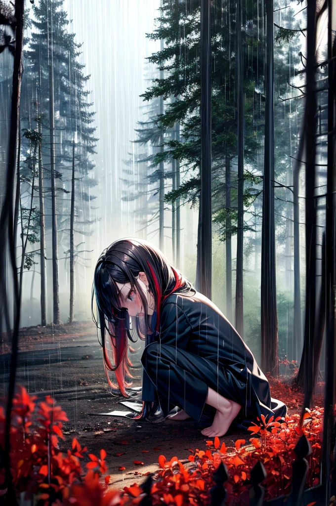 ****, pale skin, sad face, cry, kneeing pose, very long multicolored hair, knife in hend, mantle, bare feet, dark forest, red flowers, focus on body, rainy weather, blood everywhere 