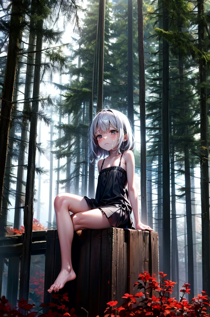 Loli, pale skin, sad face, cry, kneeing pose, very long multicolored hair, knife in hend, mantle, bare feet, dark forest, red flowers, focus on body, rainy weather, blood everywhere 