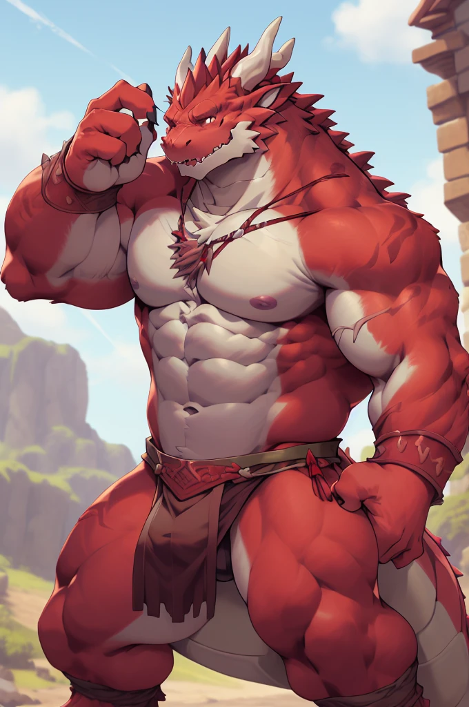 nj5furry,loincloth,red body,male, kemono, ((extremely realistic shading, masterpiece, extremely detailed, photorealistic)),
((dragon)), large X scar on left side of chest
strong, mature male, warrior, barbarian, dynamic pose, holding a great sword in the air, serious expressions,