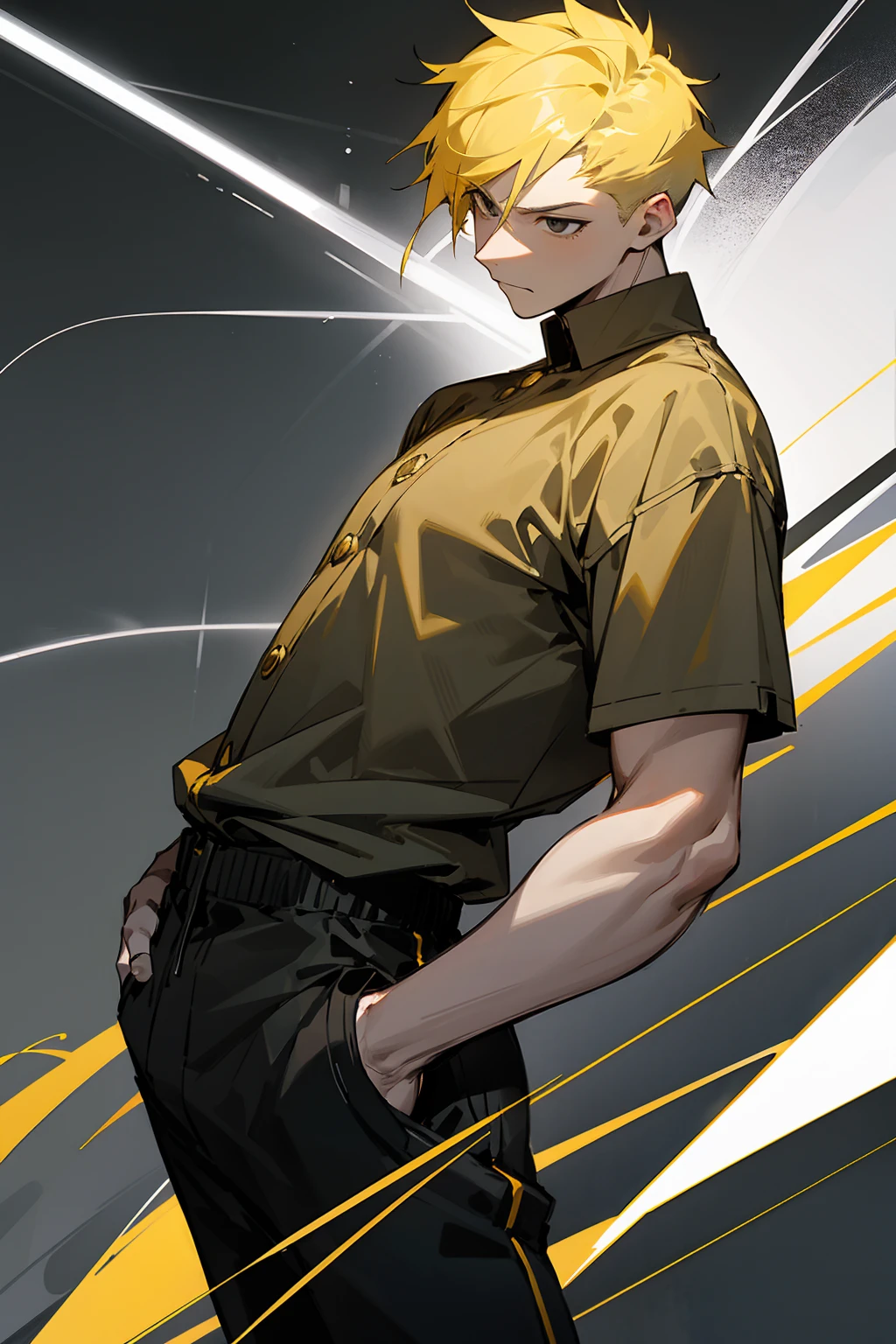 1male, lightning hair, spiked short hair, black eyes, yellow hair, bored expression, open black and white design shirt, joggers, dark city background, lightning background, detailed background, detailed face, standing on path, hand to side