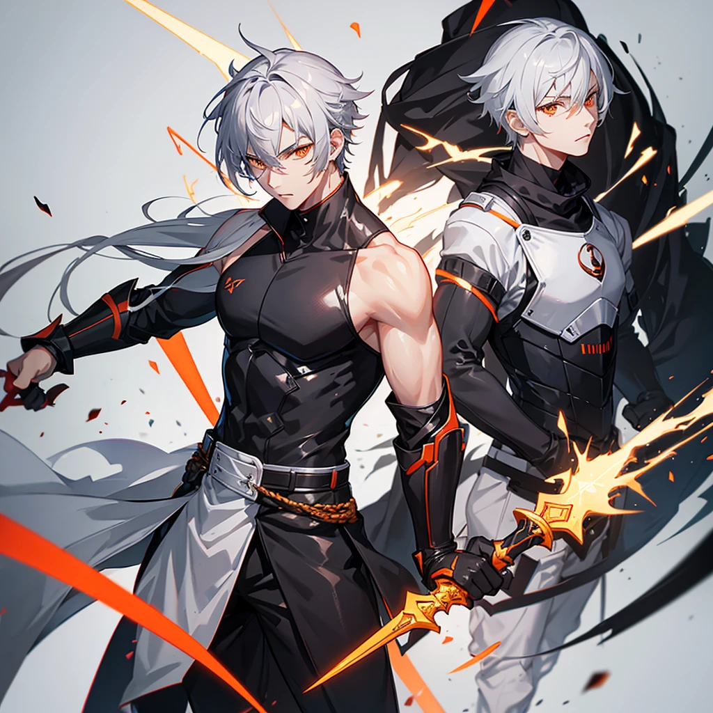 Male character gray hair and orange eyes and black clothes and swords