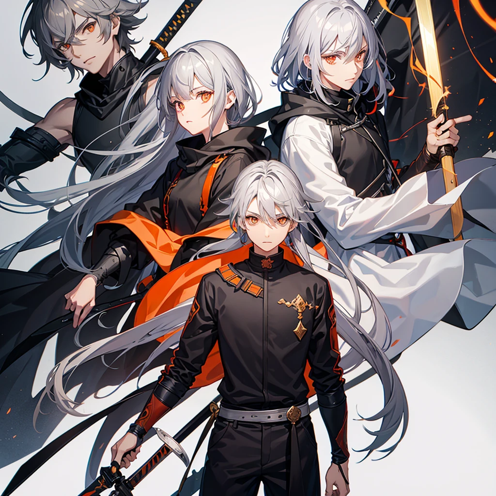 Male character gray hair and orange eyes and black clothes and swords