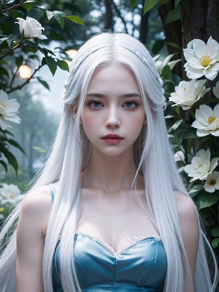 Long white hair, blue eyes, serious features, white skin, loose style, in a garden, with flowers , in the forest , killer frost the flash