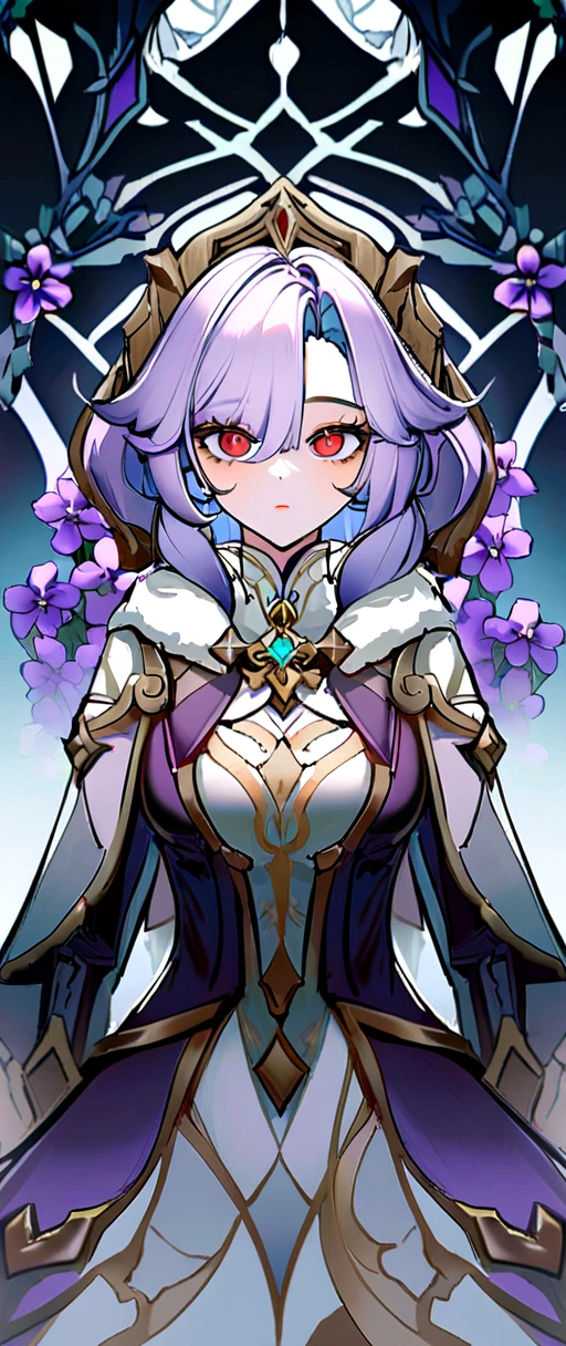 Rosarie(impact genshin), seulement, 1fille,cheveux violets, yeux violets, cheveux roux , cheveux méchés.cheveux longs, manteau bordé de fourrure ,col roulé , sur le côté