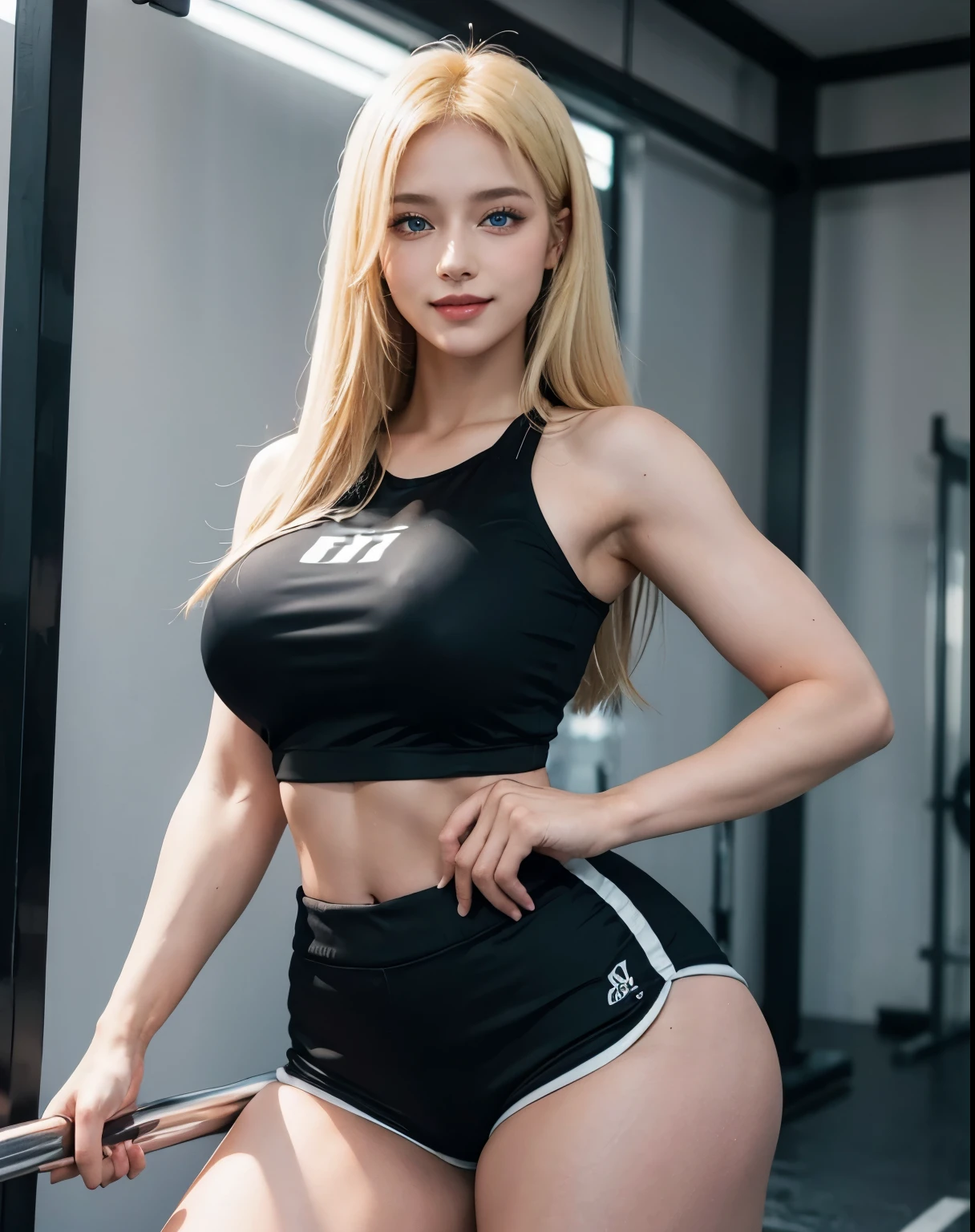 1girl, (Blue Eyes), (smiling :1.2), wide hips, (big tits :1.1), (big ass), (thin waist :1.2), (thick thighs), (toned legs :1.1), muscle, (Best Quality, 8k, Masterpiece: 1.3), Clear Focus: 1.2, Perfect Body Beauty: 1.4, (strong abs :1.2), Highly detailed face and skin texture, detailed eyes, double eyelids, (shiny skin :1.2), (long blonde straight hair :1.2), (black sports top :1.2), (white sports shorts :1.2), standing, in a gym