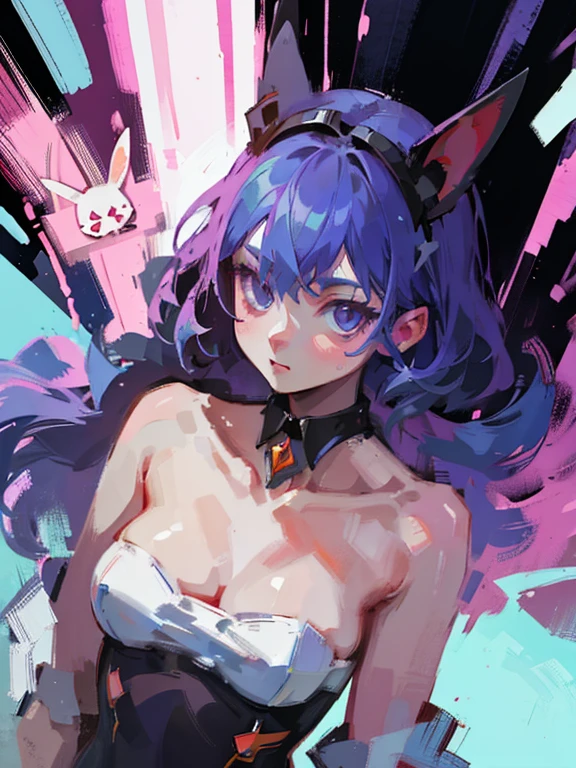 ((michiking style)), colorful eyes, soft style, masterpiece, solo, 1 girl, topless, large nipples, nipples, black shorts, beautiful art, vibrant, colorful, medium breasts, multicolored hair, cat ear headphones, full bangs, teen, body, narrow waist, slender legs, hairband, choker, smiling, peace sign, spats, navel, thigh strap, abstract, paint splash, light hair, tongue out, long tongue, side tail hair ornaments, paint on body, waist pouch, heterochromia, star sticker on face, multicolored eyes, high angle shot, top view, black eyeliner, sparkling, winking, side view, arched back, flexible body, smirk, relaxed, calm, holding baseball bat