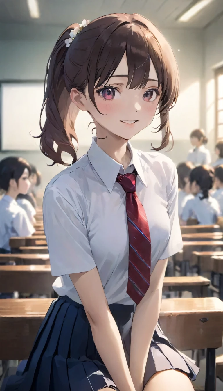 (Tabletop, Highest quality:1.2), 8K, 18-year-old, 85mm, Official Art, RAW Photos, Absurd, White dress shirt, Cute face, close, Upper Body, Viola Lace, Gardenia, beautiful girl, , (Navy Pleated Skirt:1.1), Squeeze the waist, Thighs, Short sleeve, classroom, ponytail、short hair、short hair、sit on bench seat, Looking at the audience, No makeup, (smile:0.4), Film Grain, chromatic aberration, Sharp focus, Face Light, Bright lighting, , Detailed face, Background Blur, (Dark red tie:1.1)、日本の学校のclassroom、classroom