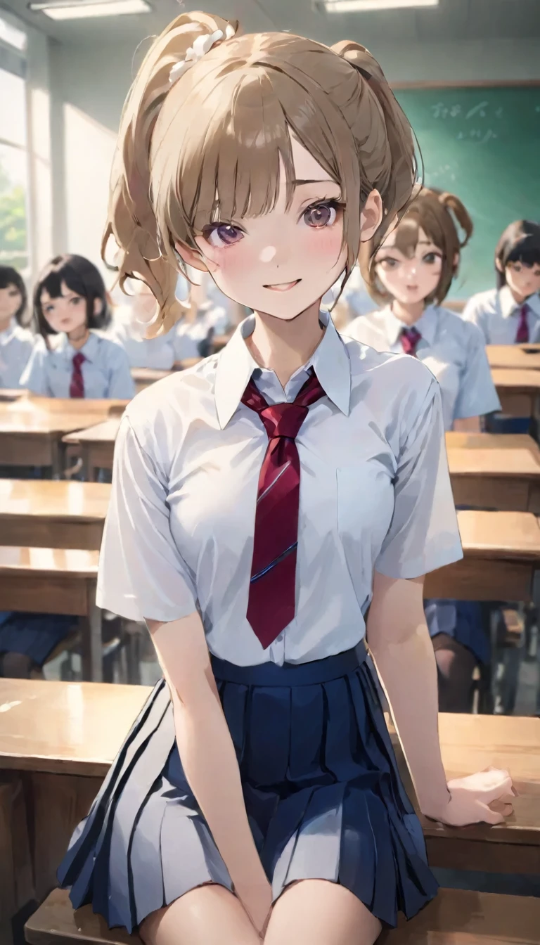 (Tabletop, Highest quality:1.2), 8K, 18-year-old, 85mm, Official Art, RAW Photos, Absurd, White dress shirt, Cute face, close, Upper Body, Viola Lace, Gardenia, beautiful girl, , (Navy Pleated Skirt:1.1), Squeeze the waist, Thighs, Short sleeve, classroom, ponytail、short hair、short hair、sit on bench seat, Looking at the audience, No makeup, (smile:0.4), Film Grain, chromatic aberration, Sharp focus, Face Light, Bright lighting, , Detailed face, Background Blur, (Dark red tie:1.1)、日本の学校のclassroom、classroom