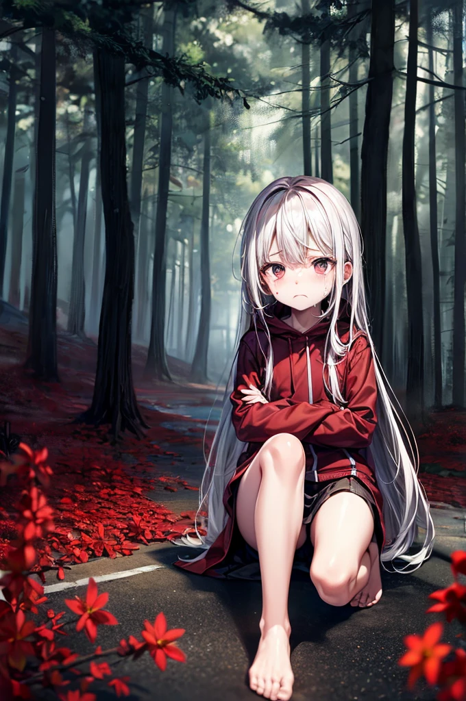 ****, pale skin, sad face, cry, kneeing pose, very long multicolored hair, knife in hend, mantle, bare feet, dark forest, red flowers, focus on body, rainy weather, blood everywhere 