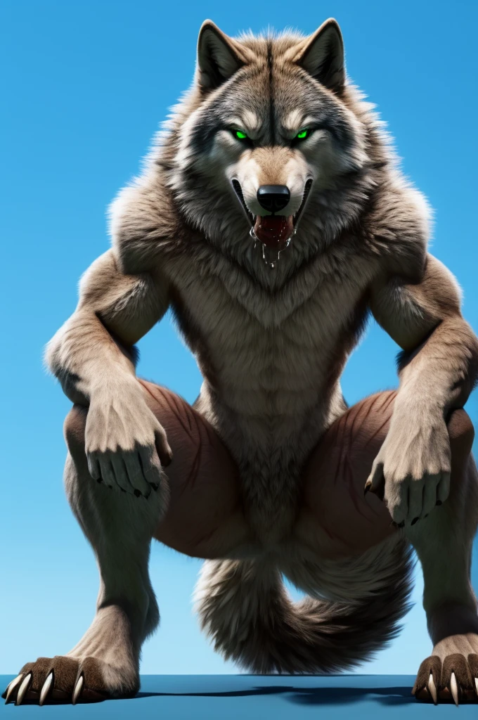 Perspective from below wolf naked male furry legs apart looking down blue background squat pose green eyes serious look claws on knees fluffy tail scars growling salivating