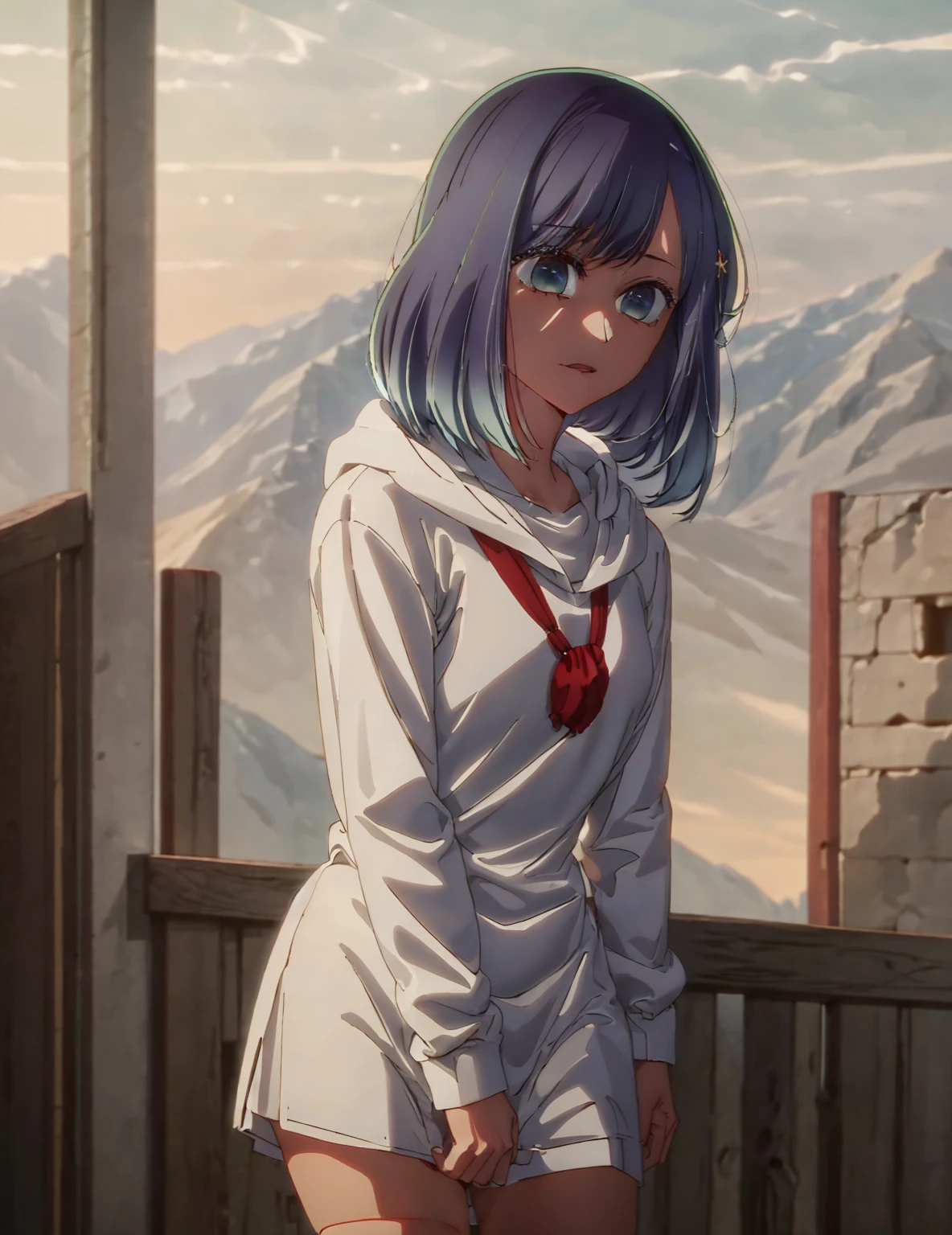 1 girl, wearing a red hooded sweater, white miniskirt with golden horizontal lines, looking at the viewer, visible panties, seductive face, (8k ultra high quality image) masterpiece (high definition image)