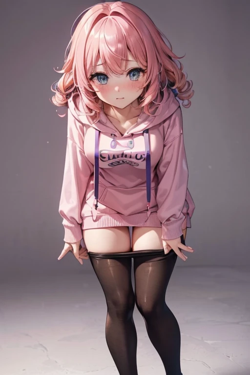 (One transcendent beautiful girl)、ultra-detailed、(8K, RAW photo, best quality, masterpiece:1.2), (extremely detailed 8K wallpaper),professional lighting,sharp focus, depth of field、(((Detailed and accurate face))),((head shot)),nfws,((Pink short bob、Fluffy curly hairy、Rainbow colored inner curl hair))、((Highest quality)), ((masterpiece)), (((A simple, baggy pink hoodie))),((Perfect Face、Beautiful Eyes)),((((Leaning forward、The gesture of pulling down tights with both hands))))、((Blushing)),(((Embarrassing)))、