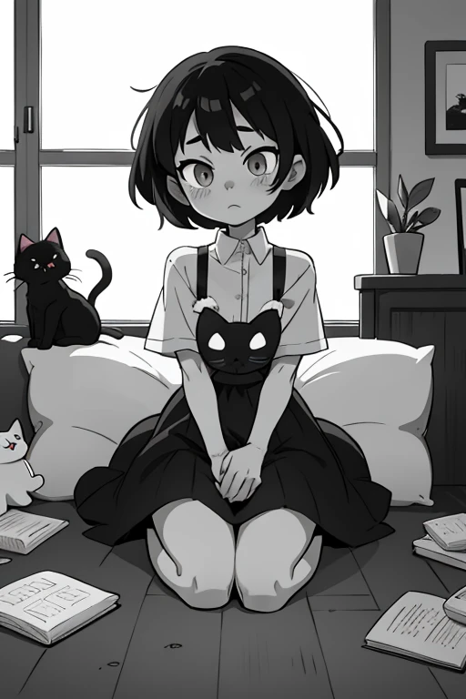 Black and white manga, girl cat cute