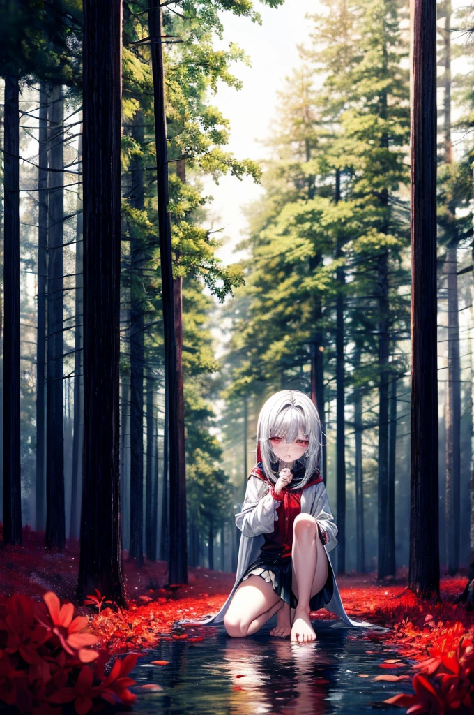 , pale skin, sad face, cry, kneeing pose, very long multicolored hair, knife in hend, mantle, bare feet, dark forest, red flowers, focus on body, rainy weather, blood everywhere