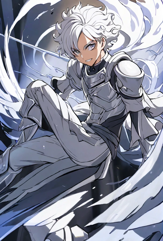 Young man with silver hair and silver eyes, wearing strong dark gray silver armor, with silver boots, with an electric shadow of silver, blue rays behind him