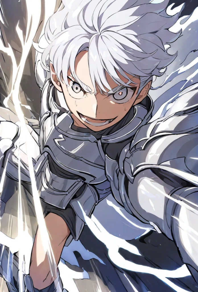Young man with silver hair and silver eyes, wearing strong dark gray silver armor, with silver boots, with an electric shadow of silver, blue rays behind him