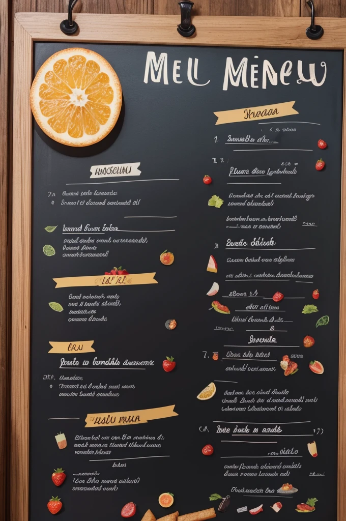 Menu in Spanish with at least breakfast images,lunch,snack,fruit speaking at least two dishes of each item