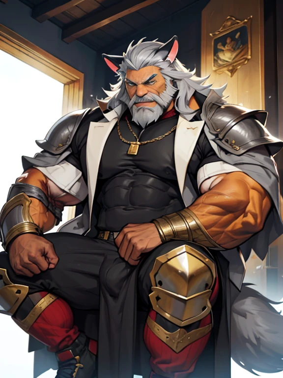 burly virile hairy man, with two wolf ears and a bushy tail, in a suit of armor, middle-aged, hirsute, overmuscular and musclebound, bulging veiny muscles, a warrior's build, a bodybuilder's physique, long bushy and a thick mustache, a square jaw, handsome and dreamy, grey hair, a king on his throne, in regal clothing
