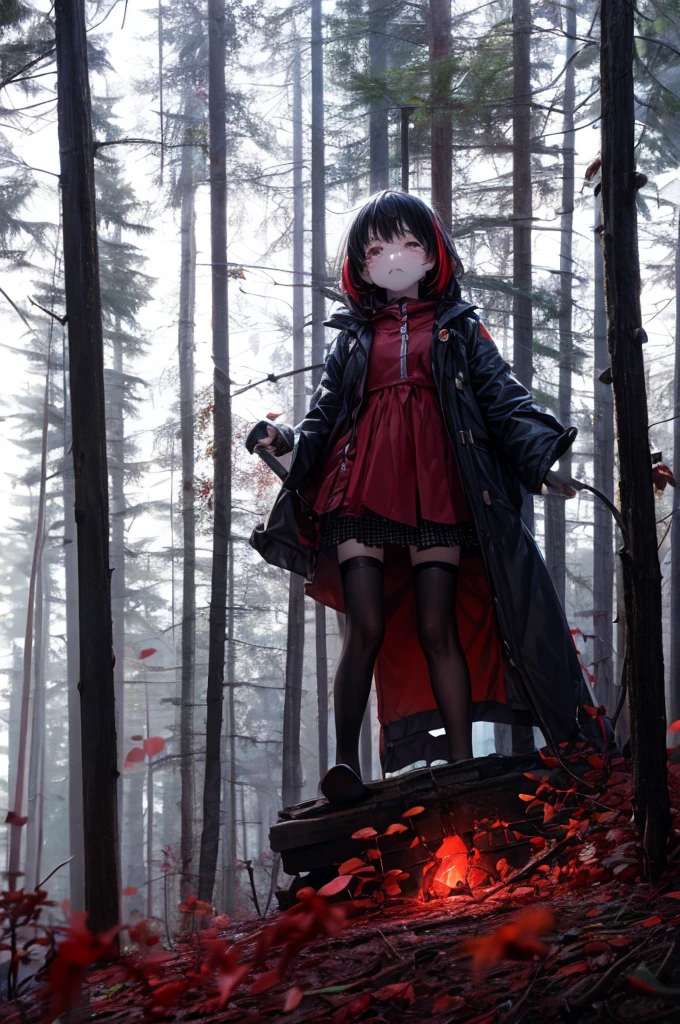 Loli, pale skin, sad face, cry, kneeing pose, very long multicolored hair, knife in hend, mantle, bare feet, dark forest, red flowers, focus on body, rainy weather, blood everywhere 