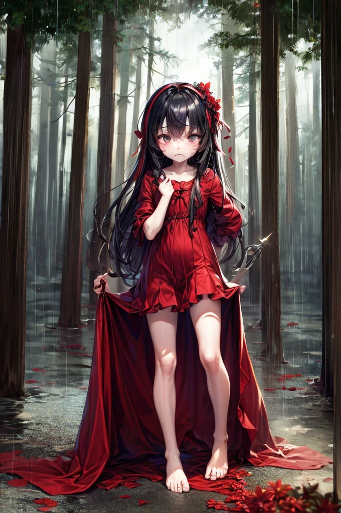 Loli, pale skin, sad face, cry, kneeing pose, very long multicolored hair, knife in hend, mantle, bare feet, dark forest, red flowers, focus on body, rainy weather, blood everywhere 