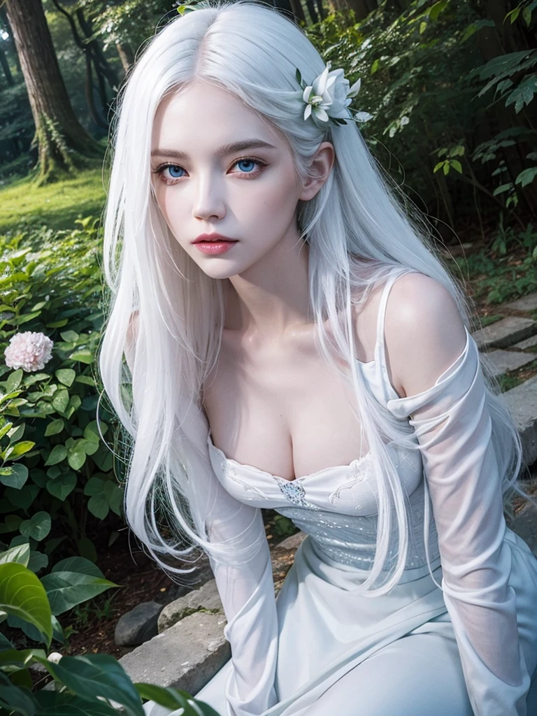 Long white hair, blue eyes, serious features, white skin, loose style, in a garden, with flowers , in the forest , killer frost the flash 