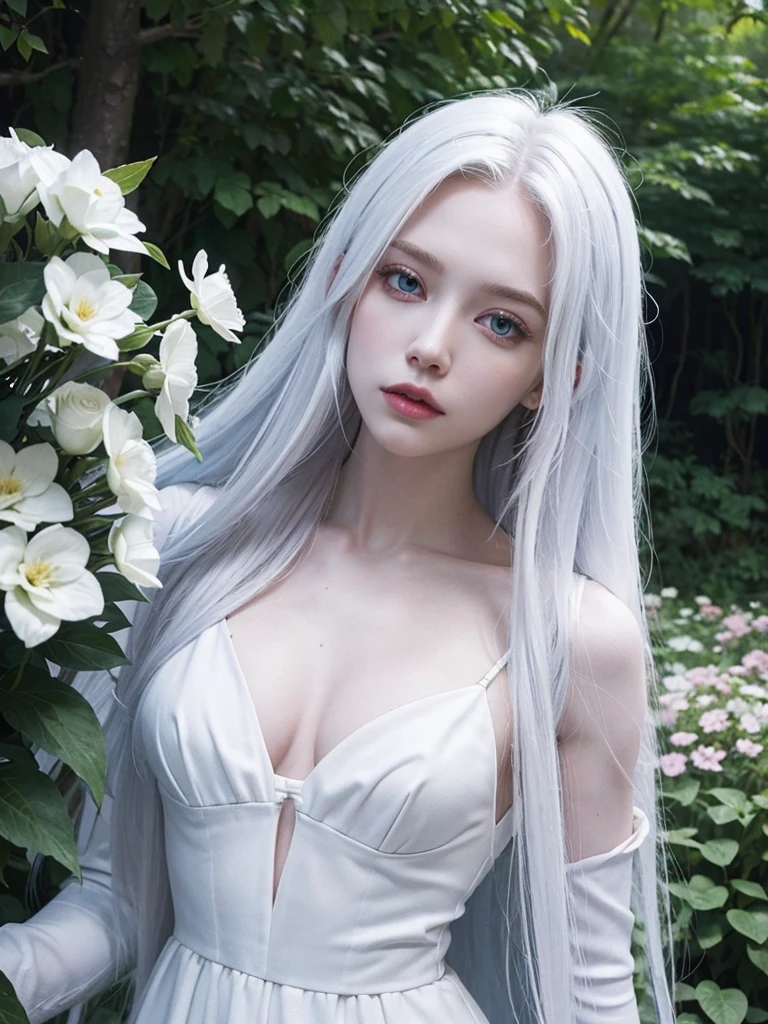 Long white hair, blue eyes, serious features, white skin, loose style, in a garden, with flowers , in the forest , killer frost the flash 