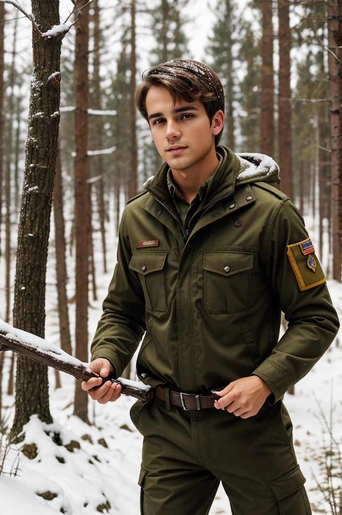Young man, about 20 something. Somewhat messy brown hair, almond eyes and olive complexion. Uniformed ranger, in the middle of the snowy forest and with a branch in his hand deactivating bear traps.