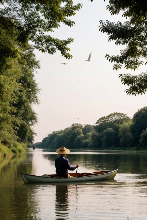 landscape. man in boat, paddling on a river, with big straw hat, Profile.
Pink Herons Flying