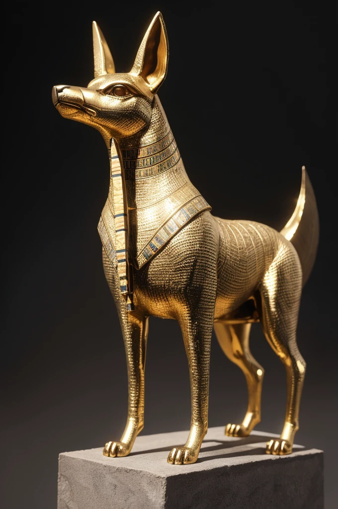 "An 8k detailed and realistic statue of an Egyptian mythological figure with the head of a jackal, in a style similar to the god Anubis, made of aged stones and detailed textures. The statue is positioned against a background reminiscent of ancient Egyptian hieroglyphics and artifacts., illuminated to highlight its features and details. The scene should convey a sense of antiquity and mysticism.