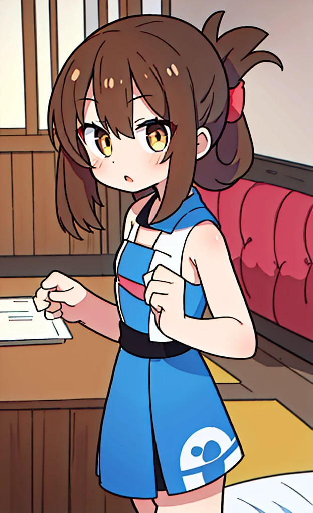 masterpiece,Highest quality,1 Girl,alone,Pokémon-like art style,(bold:1.6),(flat:1.5), BROWN_HAIR,FOLDED_PONYTAIL,BROWN_eyes,LONG_HAIR,indoor, パンピングショーツ,