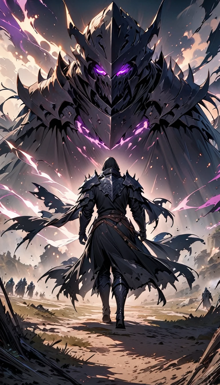 male black shadow ghost knight walking away from a battlefield, shadow, black, knight, ghost knight, full body view, facing front, shadow knight, glowing purple eyes, black smoke, dark, masterpiece, masterpiece lighting, many knights kneeling