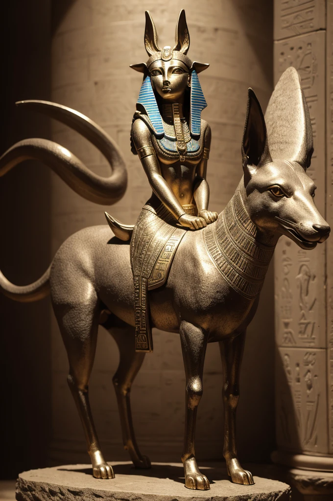 "An 8k detailed and realistic statue of an Egyptian mythological figure with the head of a jackal, in a style similar to the god Anubis, made of aged stones and detailed textures. The statue is positioned against a background reminiscent of ancient Egyptian hieroglyphics and artifacts., illuminated to highlight its features and details. The scene should convey a sense of antiquity and mysticism.