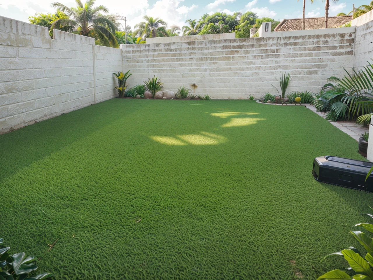 Replace grass by tropical garden with detailed palm trees, banana trees, uniform white painted block walls, lush foliage, intricate details, photorealistic, masterpiece, 4k, ultra-detailed, highly realistic, dramatic lighting, vivid colors, cinematic composition