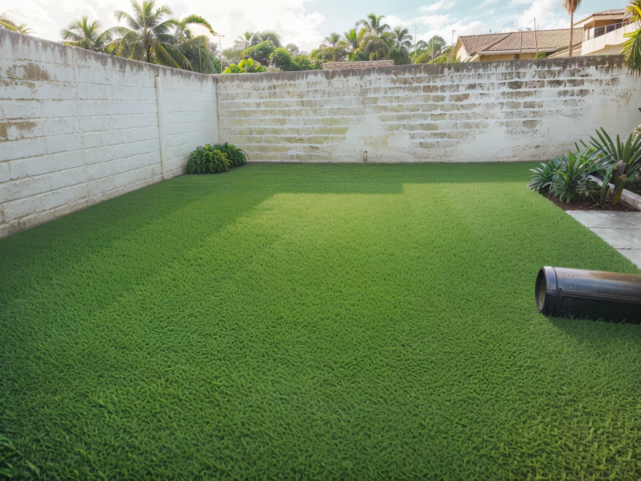 Replace grass by tropical garden with detailed palm trees, banana trees, uniform white painted block walls, lush foliage, intricate details, photorealistic, masterpiece, 4k, ultra-detailed, highly realistic, dramatic lighting, vivid colors, cinematic composition